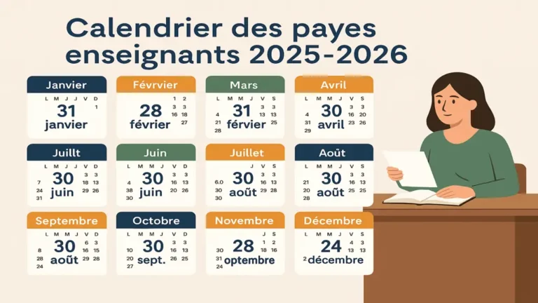 Illustration du calendrier des payes des enseignants de l’Éducation nationale pour 2025 et 2026, montrant les dates de mise en paiement des salaires et pensions.