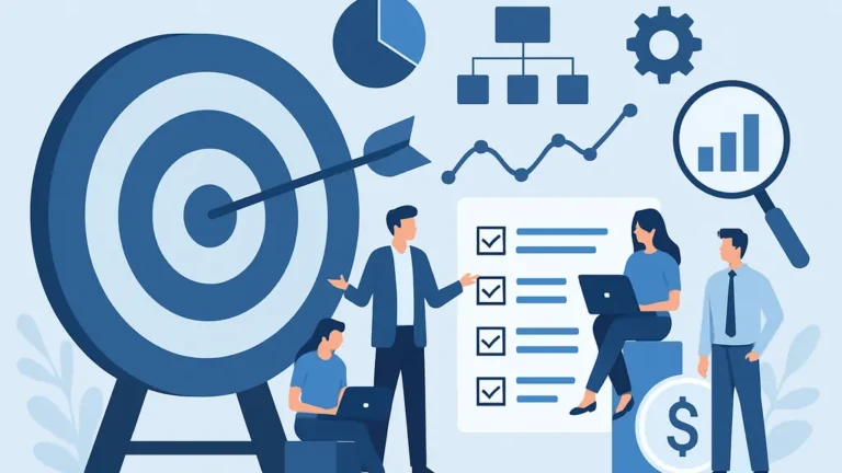 Illustration montrant une équipe travaillant sur une stratégie de content marketing B2B avec graphiques et objectifs.