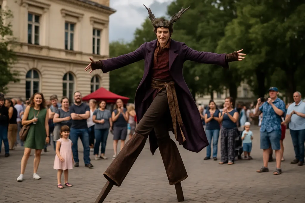 Échassier en costume réalisant une performance dans une place urbaine animée devant un public