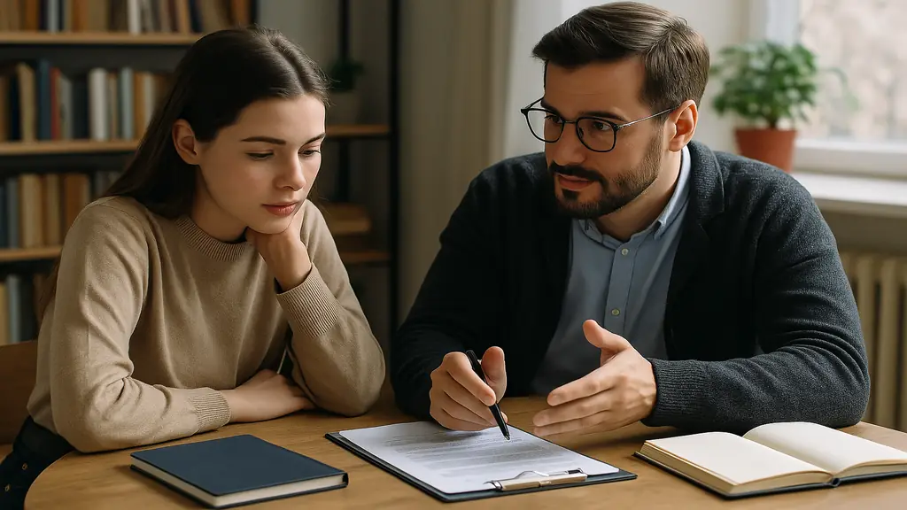 Étudiante en formation éducateur spécialisé échangeant avec un formateur, illustration réaliste du DEES, de la formation sociale et des parcours professionnels du travail social.