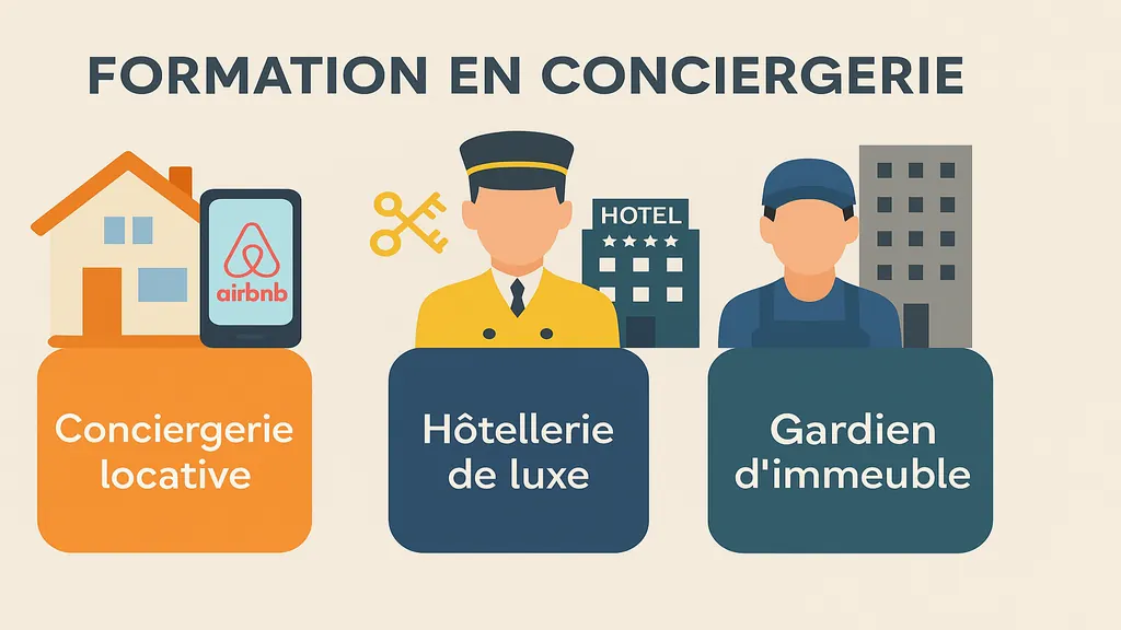 Illustration des métiers de la conciergerie : gestion locative saisonnière, conciergerie hôtelière et gardien d’immeuble
