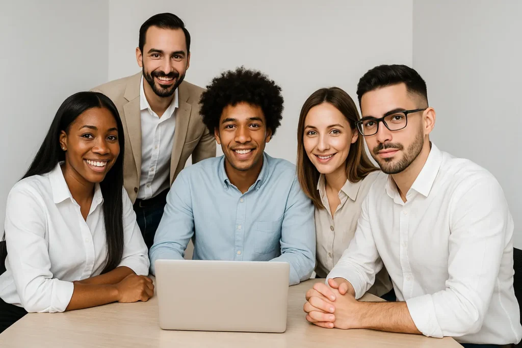 global-grossiste-a-propos Équipe de professionnels B2B souriants réunis autour d’un ordinateur portable dans un bureau moderne, illustration de la communauté de Global-grossiste.fr