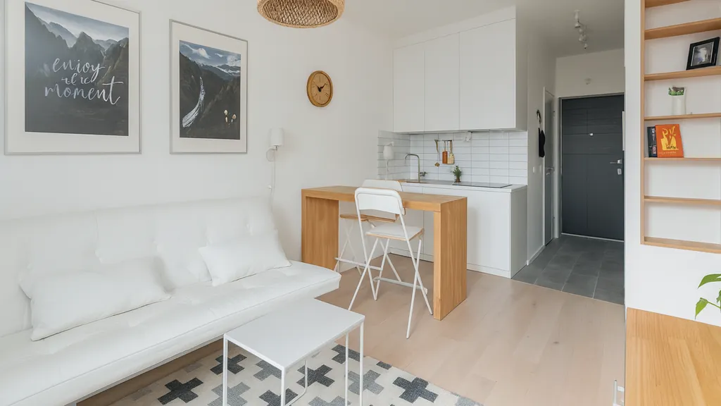 global-grossiste-contenus Salon moderne lumineux avec canapé blanc et coin cuisine en bois clair, illustrant un environnement professionnel épuré pour Global Grossiste