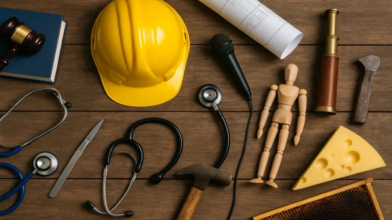 Photographie réaliste d’objets et d’outils symbolisant différents métiers commençant par la lettre A, incluant professions du droit, du bâtiment, de la santé, de l’artisanat, de l’agriculture et des arts.