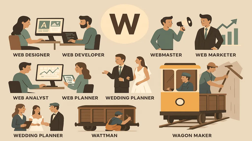 Illustration représentant différents métiers commençant par la lettre W, incluant des professions du web, de l’événementiel et des métiers traditionnels, pour le Petit Bac et le Scrabble.