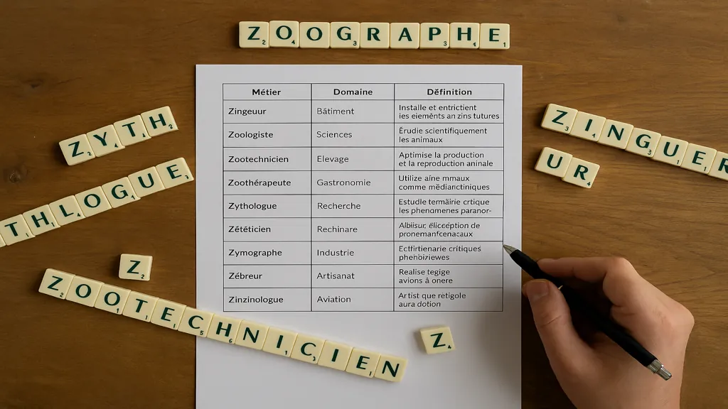 Photographie réaliste illustrant des métiers commençant par la lettre Z, avec une mise en scène autour du Petit Bac et du Scrabble, sans texte ni éléments graphiques.