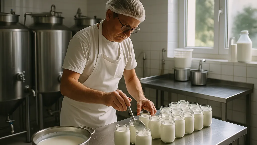 Artisan yaourtier remplissant des pots de yaourt dans un atelier laitier professionnel, équipé de cuves en inox.