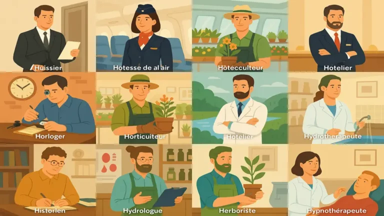 Illustration réaliste représentant différents métiers commençant par la lettre H, utilisée comme image de mise en avant pour une liste de professions pour le Petit Bac, le Scrabble et les mots croisés.