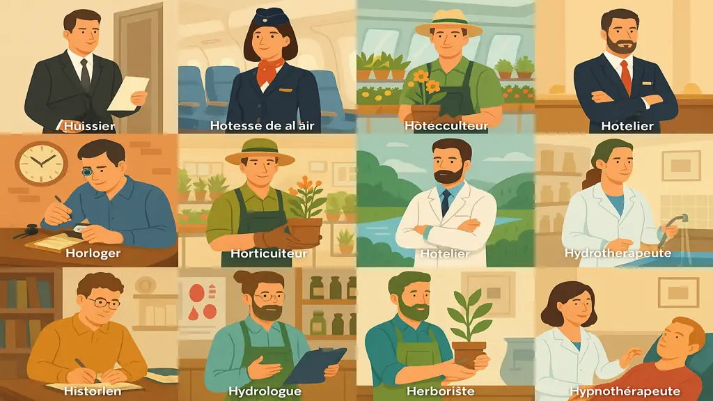 Illustration réaliste représentant différents métiers commençant par la lettre H, utilisée comme image de mise en avant pour une liste de professions pour le Petit Bac, le Scrabble et les mots croisés.