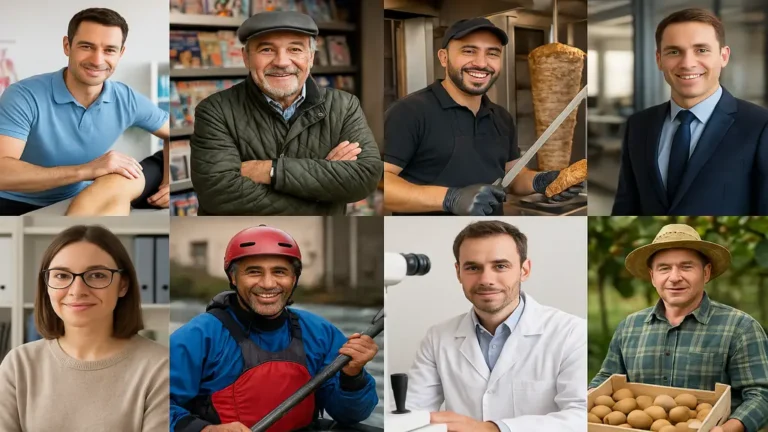 Montage réaliste de professionnels représentant différents métiers commençant par la lettre K, illustration pour liste de métiers en K (santé, commerce, entreprise, sport, agriculture).