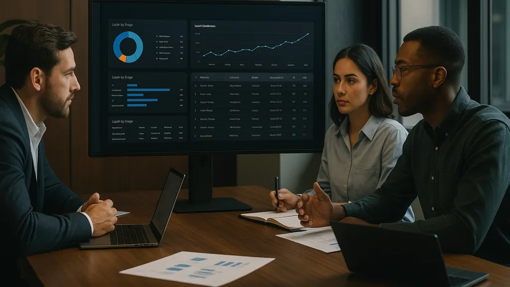 Équipe commerciale en réunion analysant un tableau de prospection B2B sur écran dans un bureau moderne.