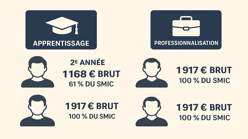 Illustration comparative des salaires en Master 2 en alternance selon le type de contrat, l’âge et la rémunération au SMIC