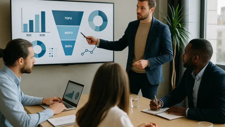 Réunion d’équipe marketing analysant une stratégie B2B présentée sur un écran dans un bureau moderne.