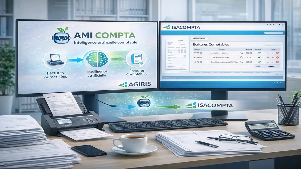 Interface du logiciel AMI COMPTA d’AGIRIS montrant l’automatisation de la saisie des factures par intelligence artificielle et la génération d’écritures comptables dans ISACOMPTA.