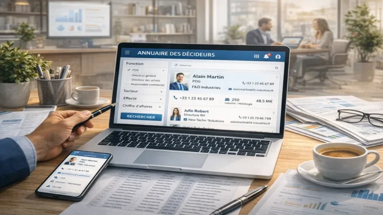 Interface d’annuaire des décideurs B2B affichant des profils de dirigeants et leurs coordonnées professionnelles pour la prospection commerciale et la veille stratégique.
