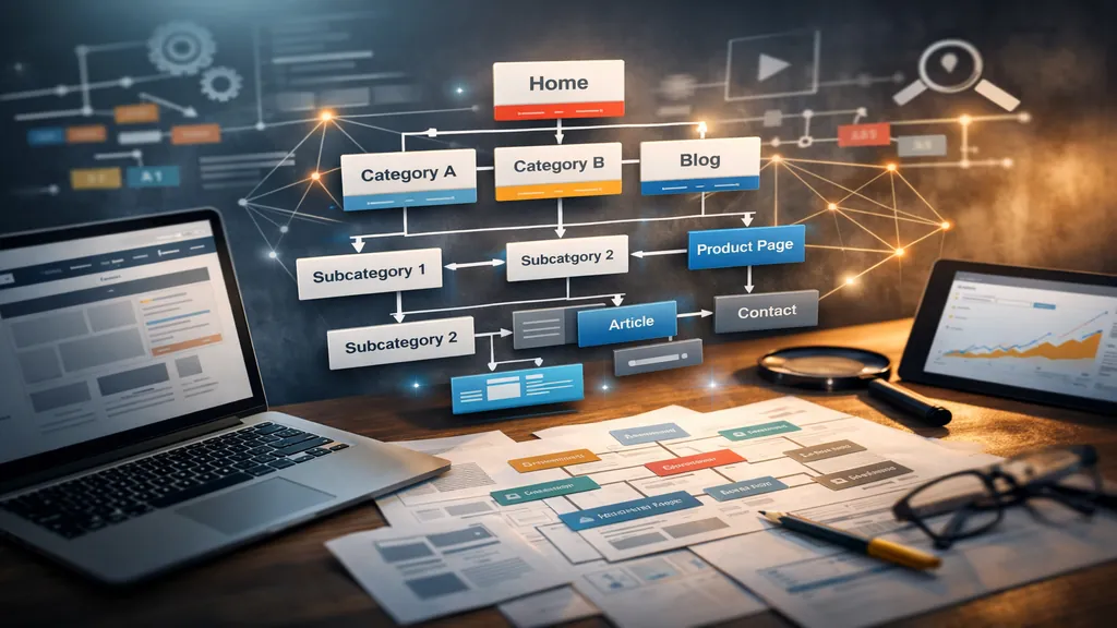 Illustration réaliste de l’arborescence d’un site web montrant la structure hiérarchique des pages, la navigation entre catégories et l’architecture de l’information pour le référencement naturel.