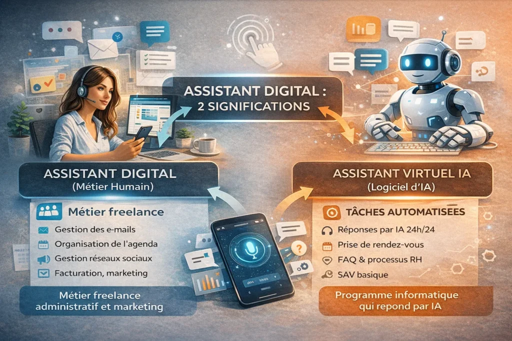 Illustration réaliste comparant le métier d’assistant digital humain en télétravail et l’assistant virtuel IA automatisant les tâches administratives et le support client.