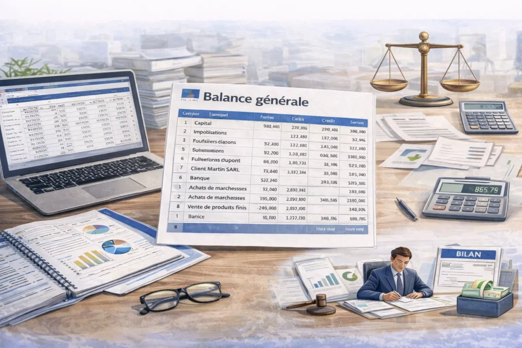 Illustration réaliste d’un bureau de comptabilité avec documents financiers, tableaux chiffrés et ordinateur affichant une balance comptable, symbolisant l’analyse des comptes et le contrôle débit crédit d’une entreprise.