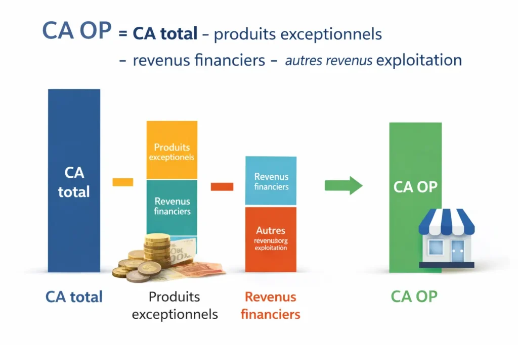 Schéma explicatif du chiffre d’affaires opérationnel (CA OP) montrant le calcul à partir du chiffre d’affaires total en excluant produits exceptionnels et revenus financiers