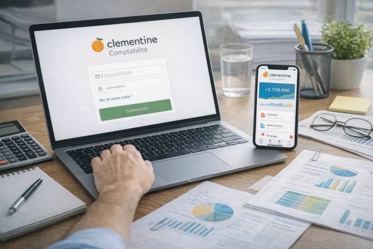 Interface de connexion Clementine comptabilité affichée sur ordinateur et application mobile, avec tableau de bord financier et documents comptables sur un bureau professionnel