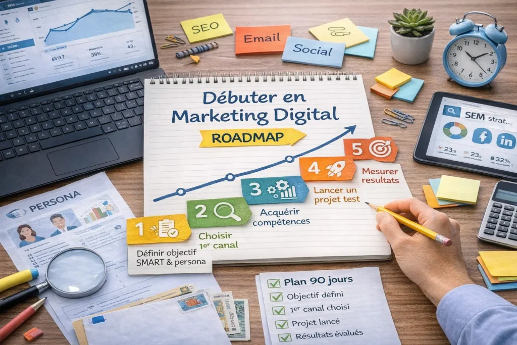 Illustration réaliste pour débuter en marketing digital montrant une roadmap en 5 étapes avec objectif SMART, choix du canal, acquisition de compétences, projet test et mesure des résultats.