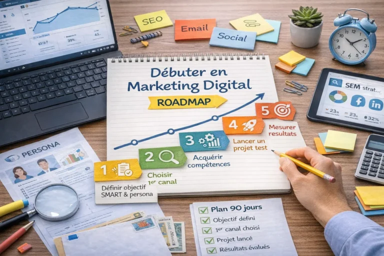 Illustration réaliste pour débuter en marketing digital montrant une roadmap en 5 étapes avec objectif SMART, choix du canal, acquisition de compétences, projet test et mesure des résultats.