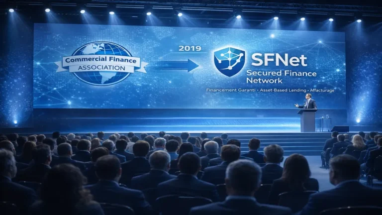 Conférence professionnelle illustrant le changement de nom de la Commercial Finance Association en Secured Finance Network en 2019, représentant le secteur du financement garanti et de l’asset-based lending.