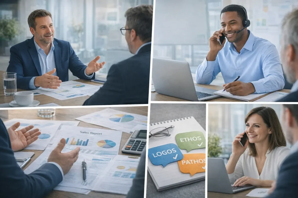 Professionnels échangeant lors de réunions, appels commerciaux et entretiens clients, illustrant la communication verbale, la persuasion et l’argumentation en contexte marketing et vente