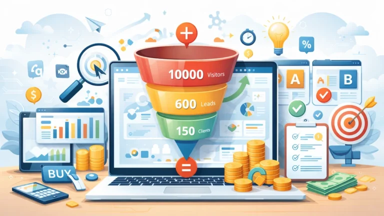 Illustration réaliste du CRO marketing (optimisation du taux de conversion) avec entonnoir de conversion, A/B testing et analytics sur ordinateur