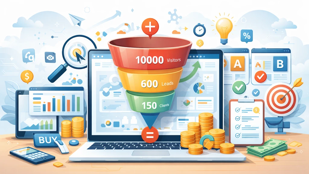 Illustration réaliste du CRO marketing (optimisation du taux de conversion) avec entonnoir de conversion, A/B testing et analytics sur ordinateur