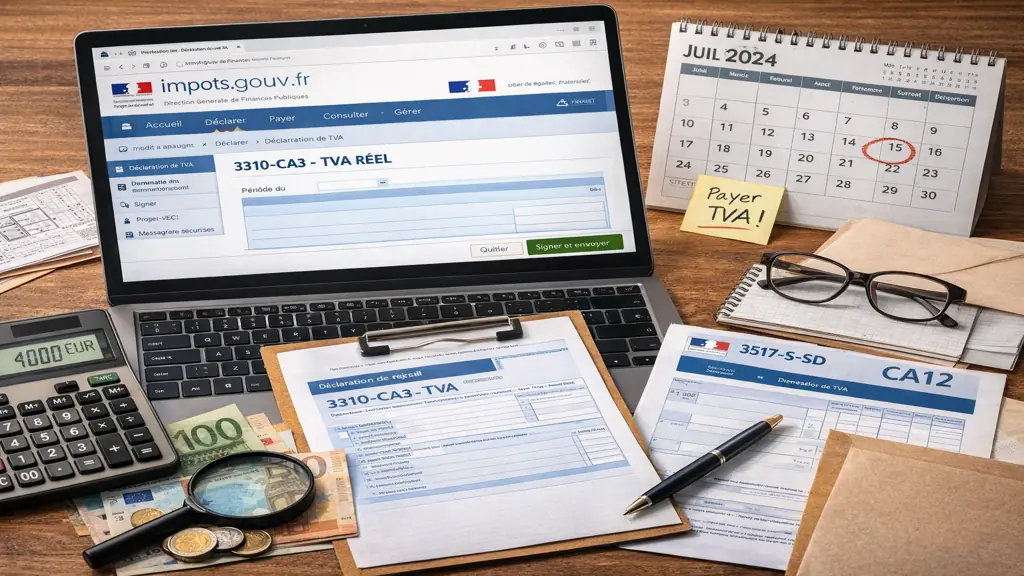 Déclaration de TVA en ligne sur impots.gouv.fr avec formulaire CA3 et CA12, calendrier fiscal, calculatrice et documents comptables sur un bureau professionnel.