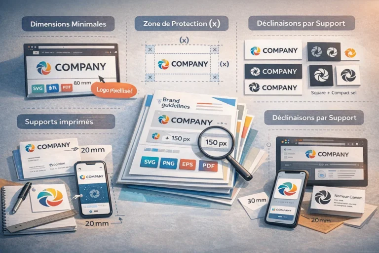 Schéma réaliste d’une charte graphique montrant les dimensions minimales d’un logo, la zone de protection et les déclinaisons du logo selon les supports print et web.