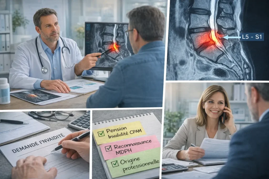 Médecin expliquant une IRM lombaire L5-S1 à un patient, avec dossier de demande d’invalidité et documents CPAM/MDPH liés à la discopathie et à la sciatique