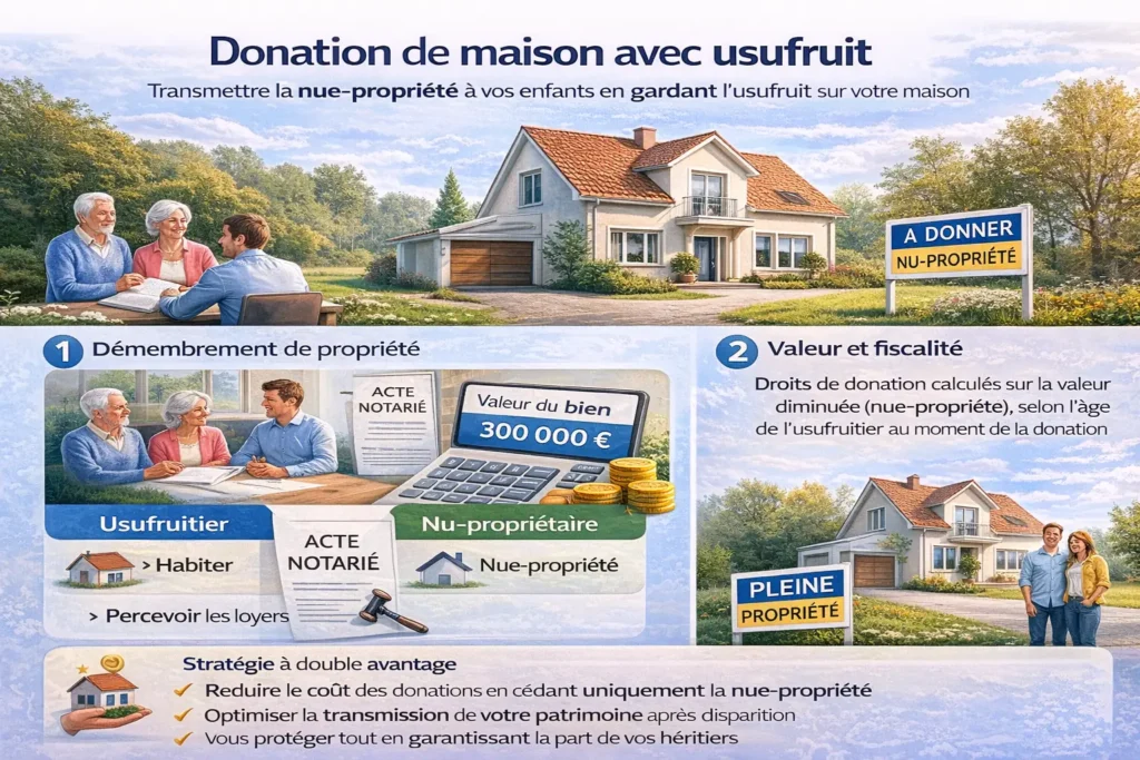 Illustration expliquant la donation d’une maison avec réserve d’usufruit, le démembrement de propriété entre usufruitier et nu-propriétaire