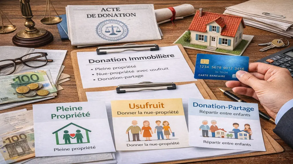 Donation d’une maison de son vivant illustrant les options pleine propriété, nue-propriété avec usufruit et donation-partage, avec acte notarié, modèle de maison et documents juridiques.