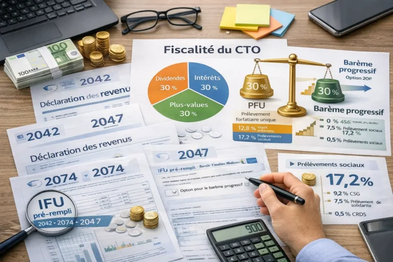 Illustration réaliste de la fiscalité du compte-titres ordinaire montrant les formulaires fiscaux 2042, 2074 et 2047, le PFU à 30 %, le barème progressif et les prélèvements sociaux.