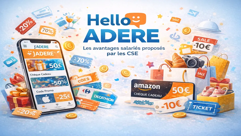 Illustration de la plateforme Hello ADERE utilisée par les CSE, présentant des avantages salariés comme réductions, billetterie, chèques cadeaux et codes promo accessibles sur mobile.