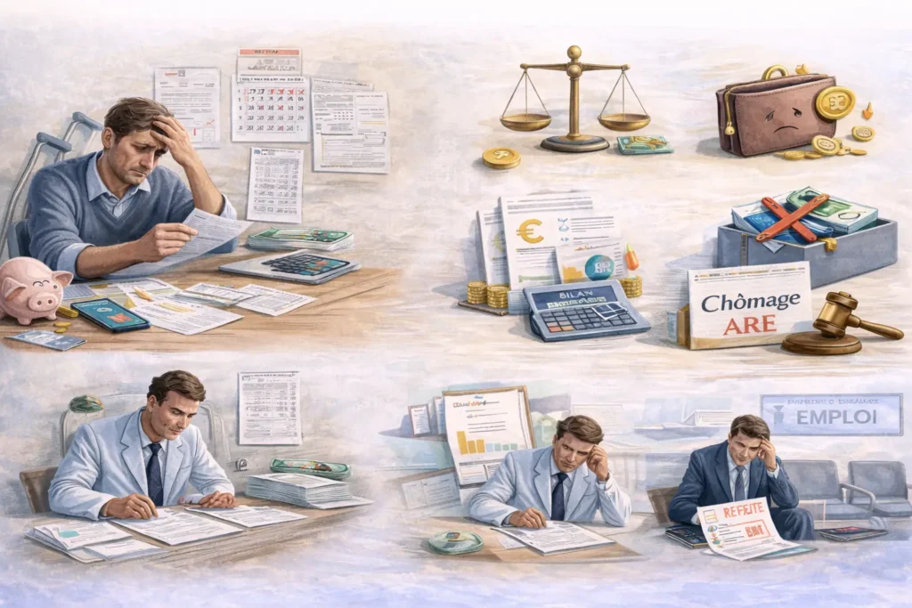 Illustration réaliste représentant les difficultés financières, professionnelles et administratives liées à l’invalidité catégorie 2, avec une personne en situation de stress face à des documents et symboles de revenus réduits.