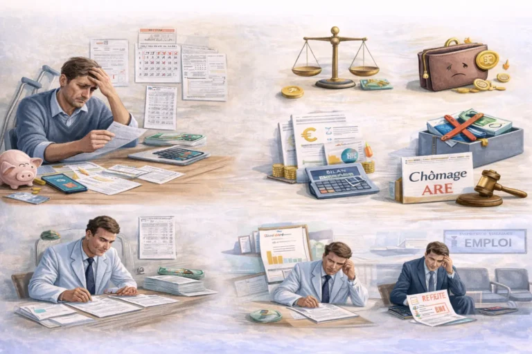 Illustration réaliste représentant les difficultés financières, professionnelles et administratives liées à l’invalidité catégorie 2, avec une personne en situation de stress face à des documents et symboles de revenus réduits.