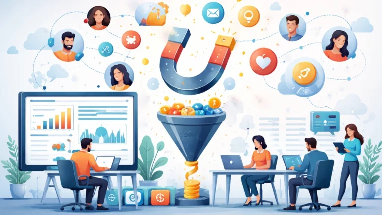Illustration réaliste d’une stratégie d’inward marketing (inbound marketing) avec aimant, entonnoir de conversion et génération de leads