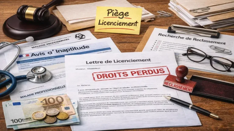 Licenciement pour inaptitude suite à une maladie professionnelle illustré par un avis d’inaptitude, une lettre de licenciement, des documents de reclassement et des éléments juridiques et financiers sur un bureau.
