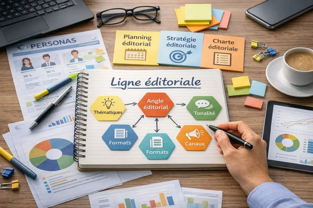 Illustration réaliste d’une ligne éditoriale montrant les thématiques, l’angle éditorial, la tonalité, les formats de contenus et les canaux de diffusion organisés autour d’une stratégie de contenu.