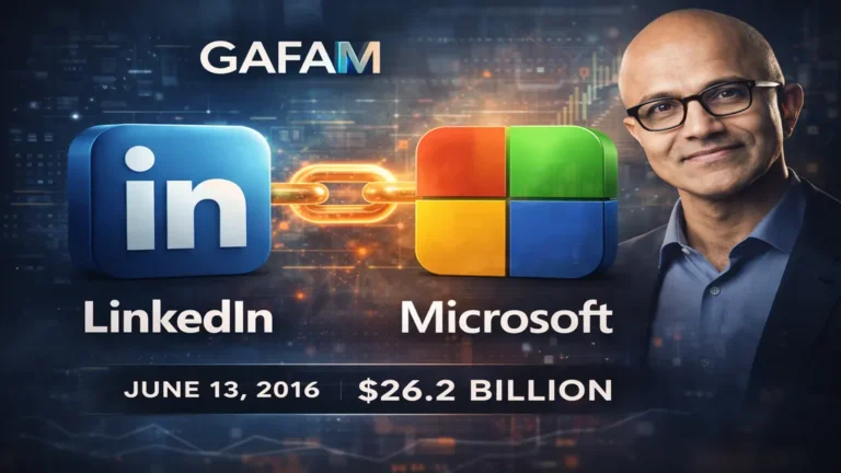 Illustration de l’acquisition de LinkedIn par Microsoft, montrant les logos LinkedIn et Microsoft reliés, symbolisant l’intégration du réseau social professionnel au sein du GAFAM.