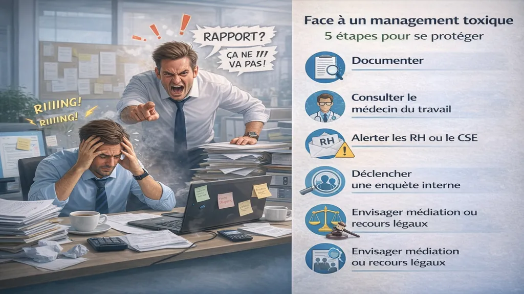 Illustration d’un management toxique au travail montrant un manager agressif face à un salarié en détresse, avec les cinq étapes pour se protéger : documenter les faits, consulter le médecin du travail, alerter les RH ou le CSE, déclencher une enquête interne et envisager une médiation ou des recours légaux.
