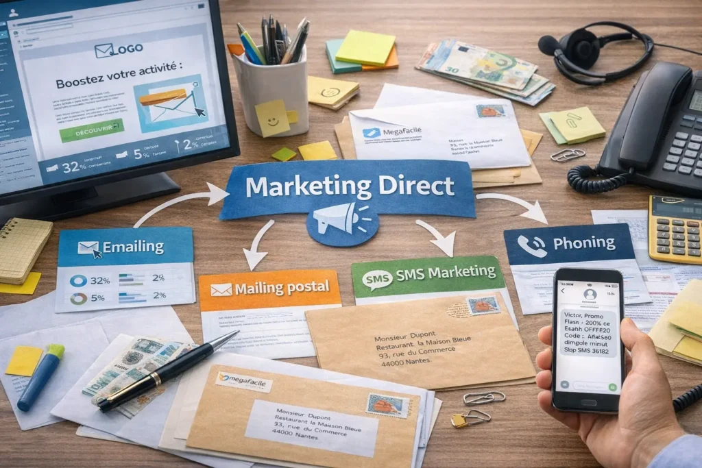 Illustration réaliste du marketing direct montrant les principaux canaux de communication personnalisée : emailing, mailing postal, SMS marketing et phoning, organisés autour d’une campagne ciblée et mesurable.