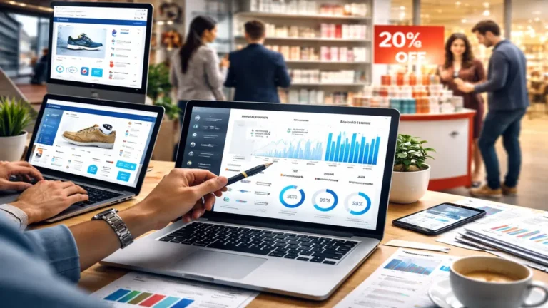 Équipe marketing analysant des performances de campagnes et des KPI sur des écrans, illustrant la mise en œuvre concrète du marketing opérationnel en entreprise.