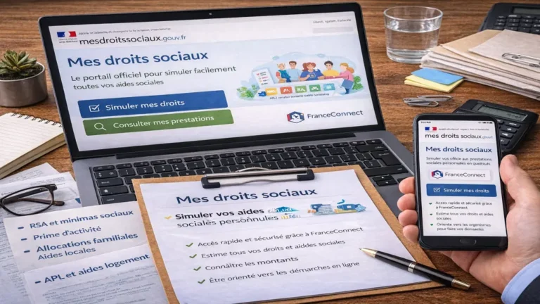 Portail officiel Mes droits sociaux affiché sur ordinateur et smartphone, permettant de simuler les aides sociales et prestations via FranceConnect.