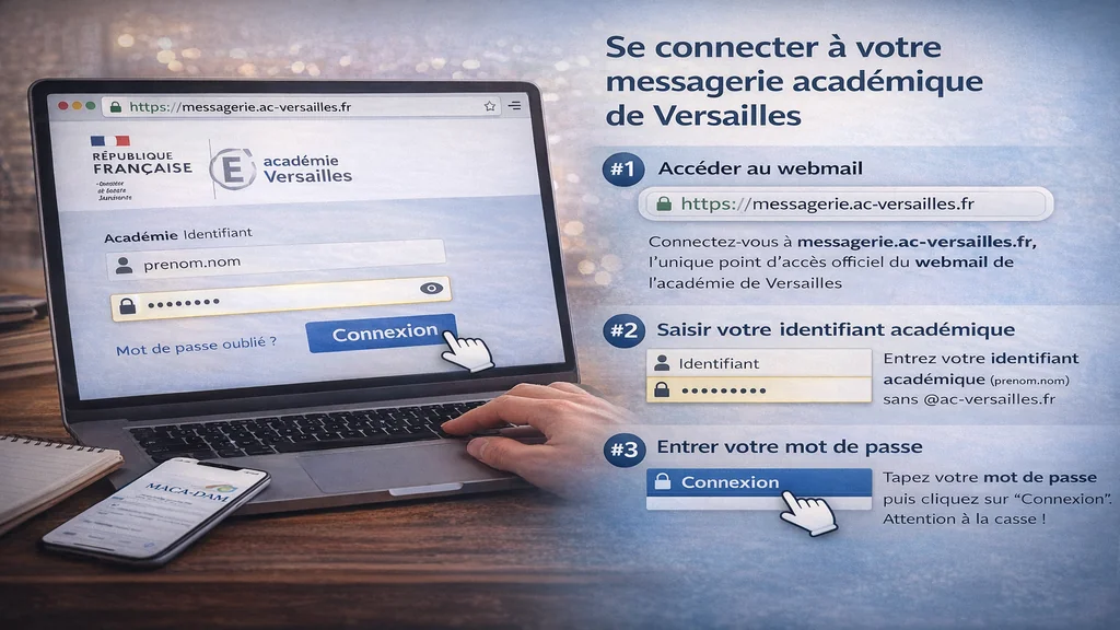 Connexion à la messagerie académique de l’académie de Versailles via le webmail officiel, avec saisie de l’identifiant académique et du mot de passe sur ordinateur portable.