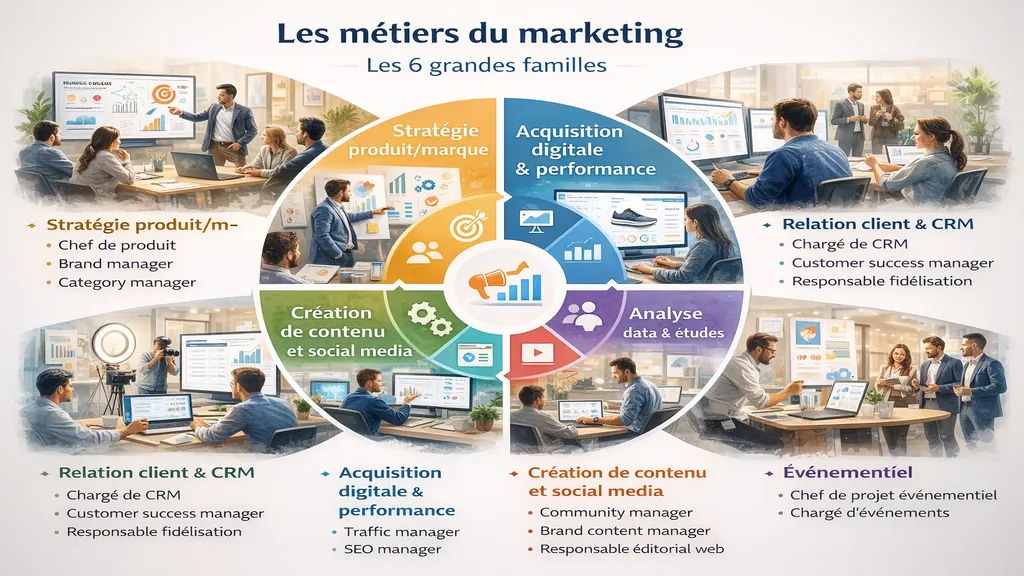 Panorama des métiers du marketing organisé en six grandes familles, illustrant les rôles stratégiques, digitaux, CRM, contenus, data et événementiels en entreprise.