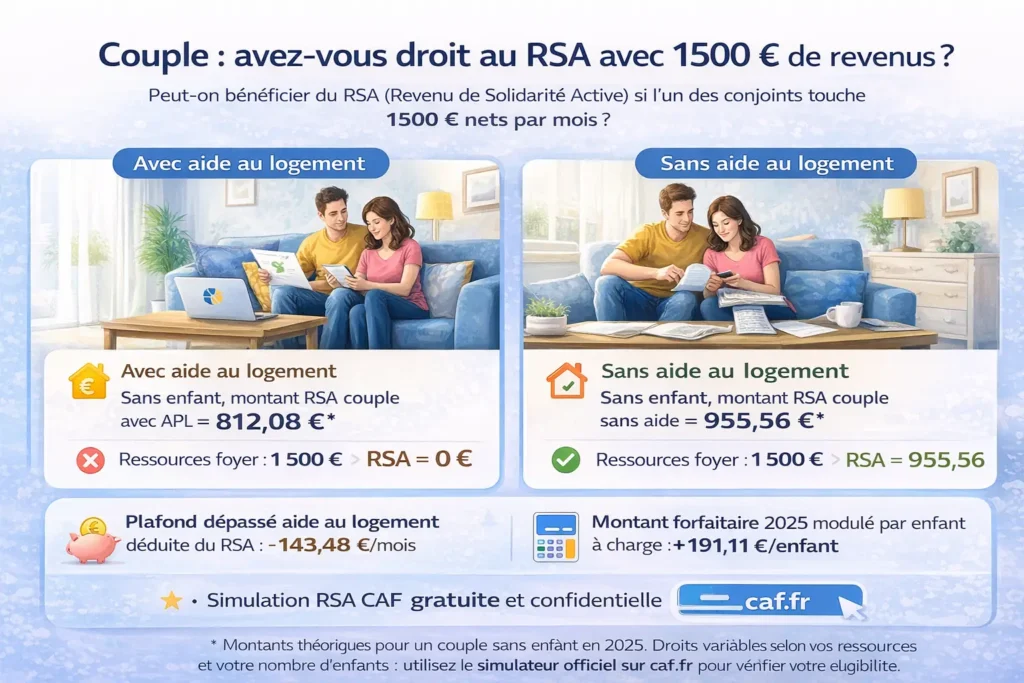Infographie expliquant le droit au RSA pour un couple dont un conjoint gagne 1500 euros par mois, avec ou sans aide au logement